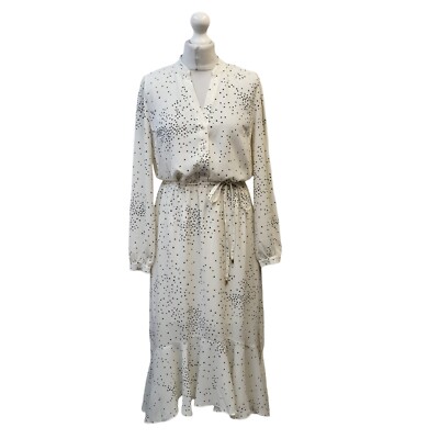 Oasis White Polka Long Sleeve V-Neck Dress Uk Women's Size 10 Bnwt EE418