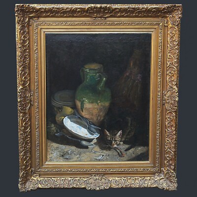 Antique 19thC French Ismael Adolphe Clavel oil canvas painting Still life w/ Cat