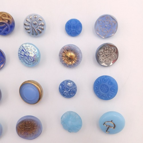 Mixed Lot of 35 Vintage Glass Buttons - Blue Round Textured