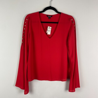 Express Blouse Size Medium Red V Neck Slit Wide Sleeves Pullover