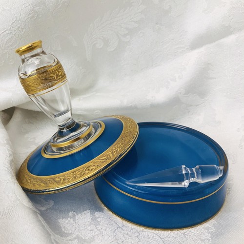 Fostoria Antique Blue Gold Perfume Bottle - Powder Dish Glass Stopper Combo Set
