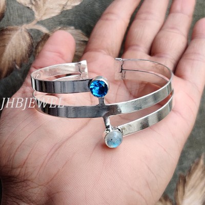 Swiss Blue Topaz With Moonstone Gemstone 925 Sterling Silver Cuff Simple Bangle