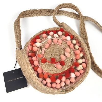 AMERICA & BEYOND Raffia Pom Woven Round Purse Bag Shoulder Crossbody Boho