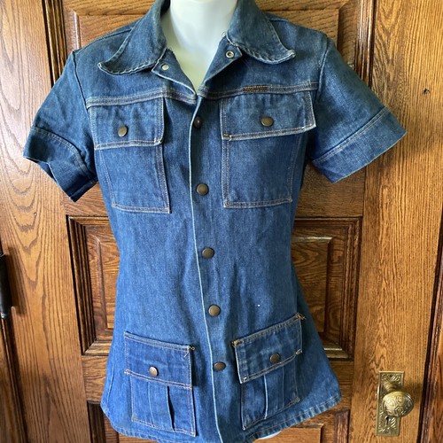 Vintage 70s Rare Label WRANGLER S/S Blue Denim Jean Safari
