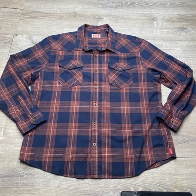Wrangler Western Shirt Mens 2XL Blue Orange Plaid Long Sleeve Stretch Casual