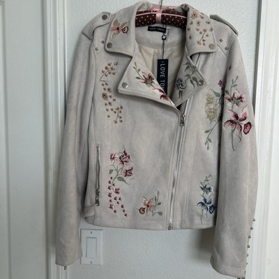 WOMENS FAUX SUEDE MOTTO JACKET BY LOVE TOKEN- STUNNING  FLORAL EMBROIDERY NWT