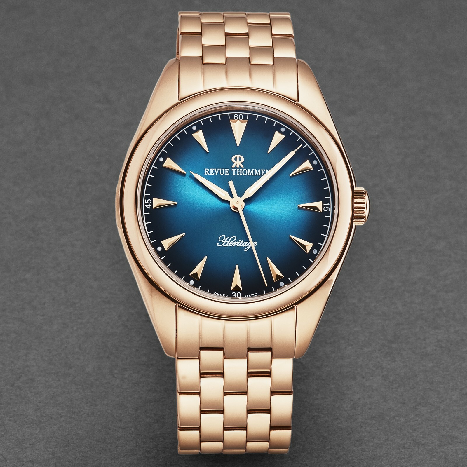 Pre-owned Revue Thommen Mens Heritage Blue Dial Goldtone Bracelet Automatic 21010.2165