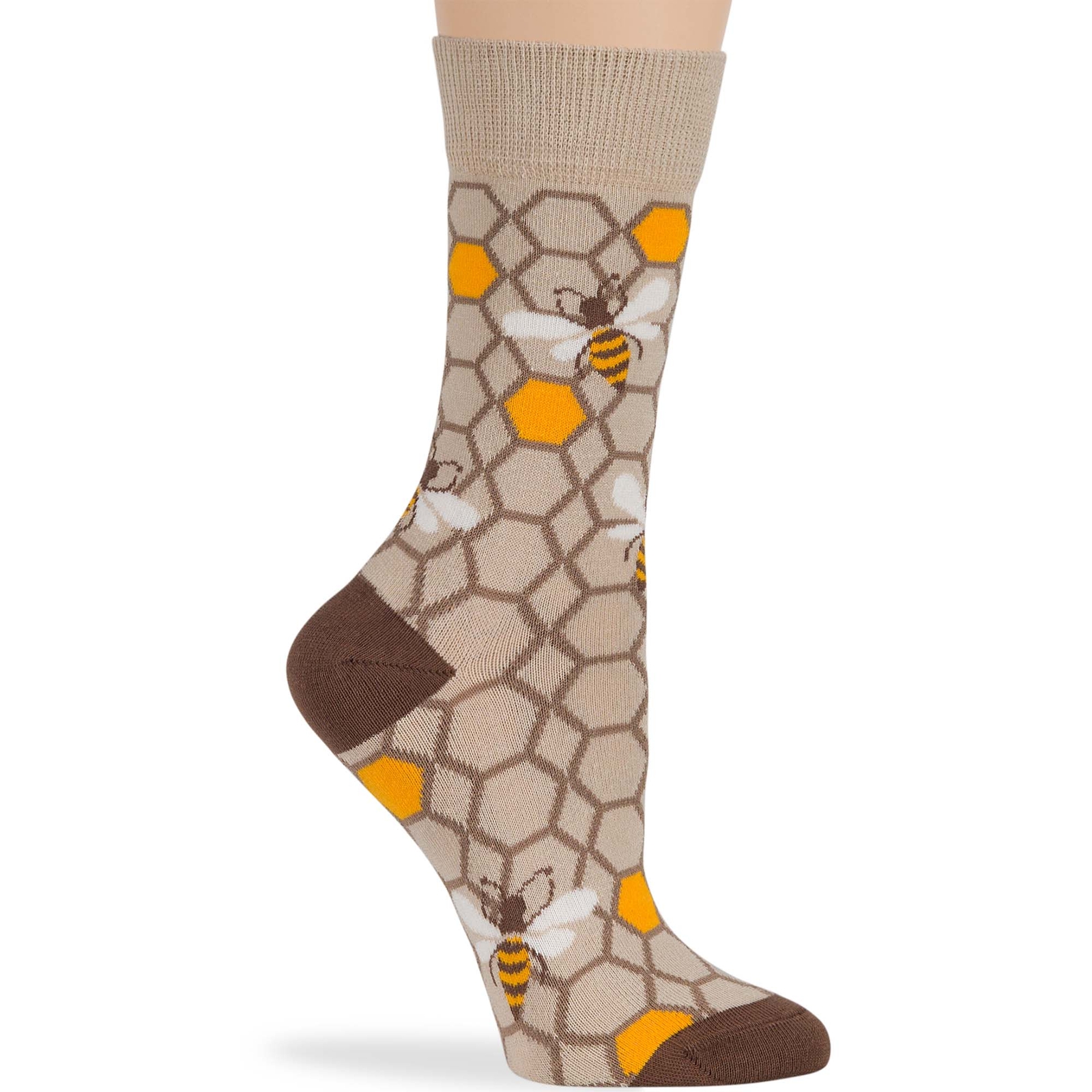 Women Cotton Crew Socks-4 Pack Large- Busy Bees Stripe-Black Beige Yellow - Picture 6 of 12