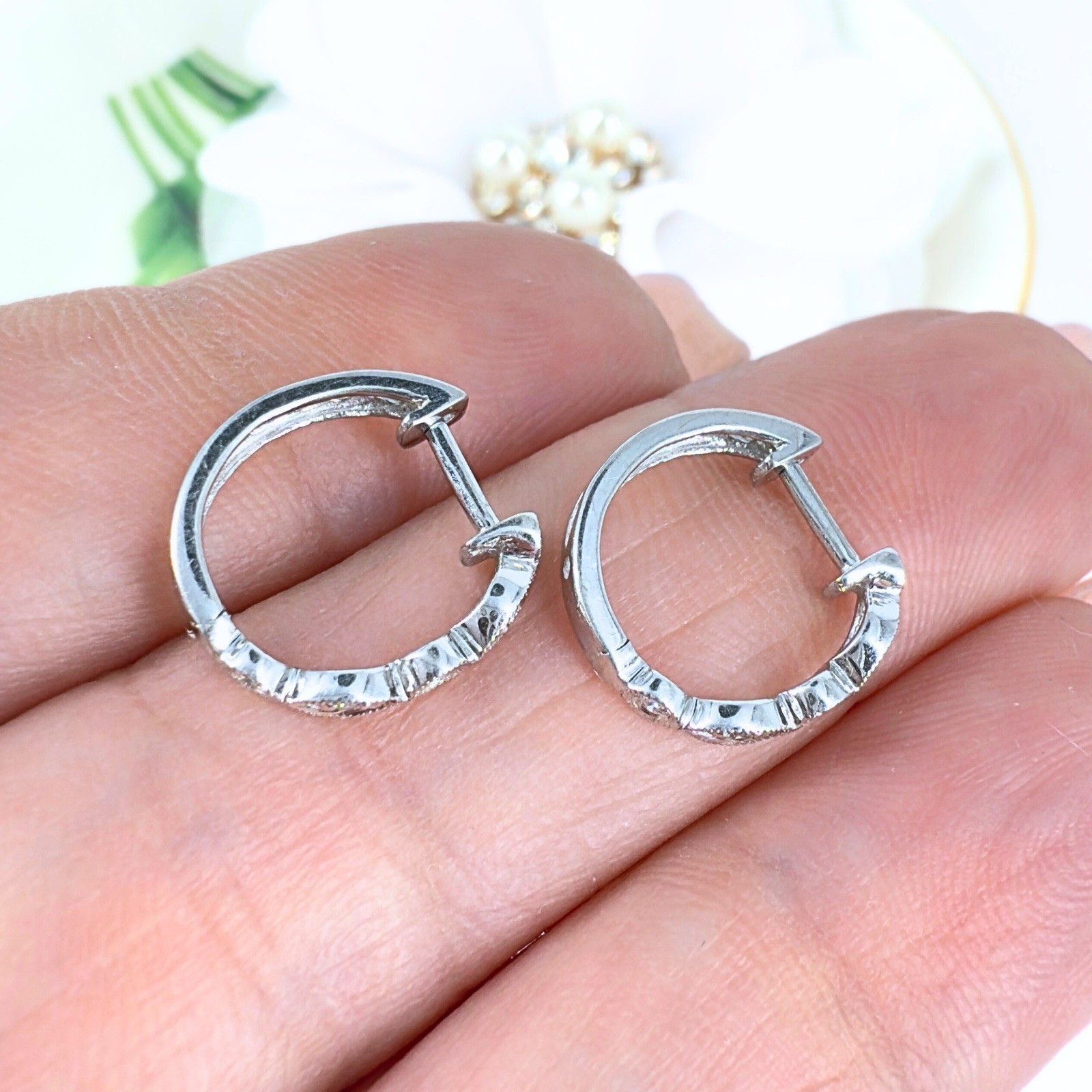 14k White Gold Genuine Diamond Huggie Hoop Earrings, New - Picture 9 of 14