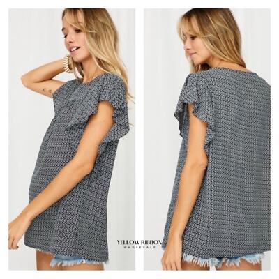 *NEW* - Chic Black Geo Print Flounce Sleeve Top - Perfect for Every Occasion