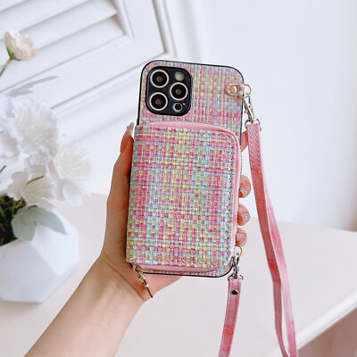 For Various Phone Crossbody Strap Woven Wallet Case Card Bag Purse Stand Cover