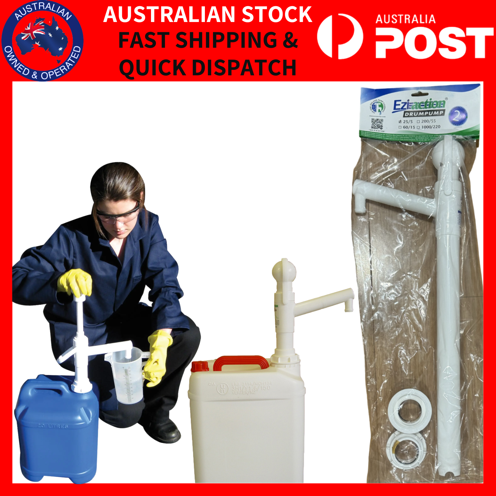 Ezi-Action 20L 25L 30L Litre Drum Pump Chemical Resistant Food Grade NZ MADE - Picture 1 of 3