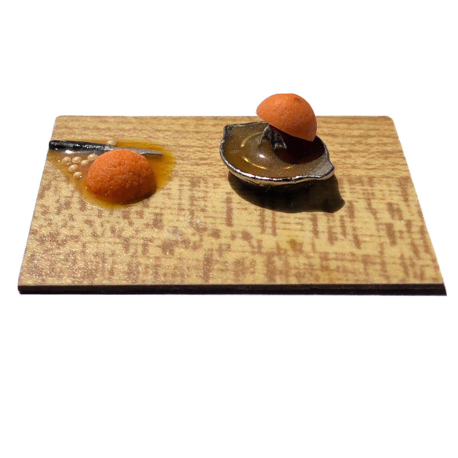 dollhouse miniature orange juice prep on cutting board knife juicer artisan 1:12