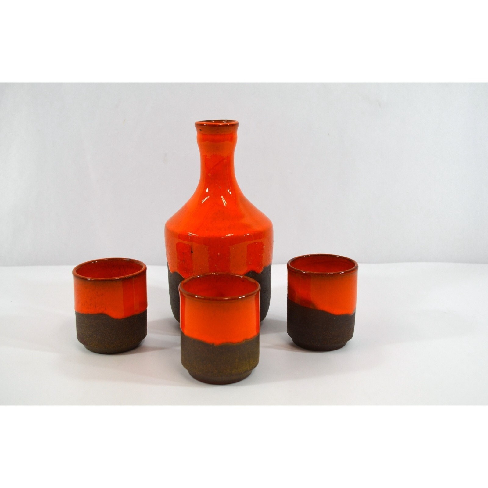 Canada MCM Pottery Sake Drink Set Decanter 3 Cups Gagnon Quebec Orange 1970s