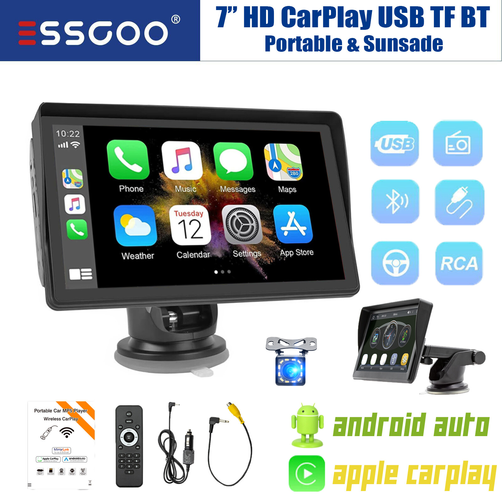 7 Inch Portable Car Stereo Radio Apple Carplay HD Screen BT USB FM+12 LED Camera