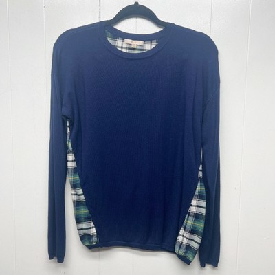 Skies Are Blue Bohemian Navy Blue Plaid Women's Pullover Sweater Size Medium 