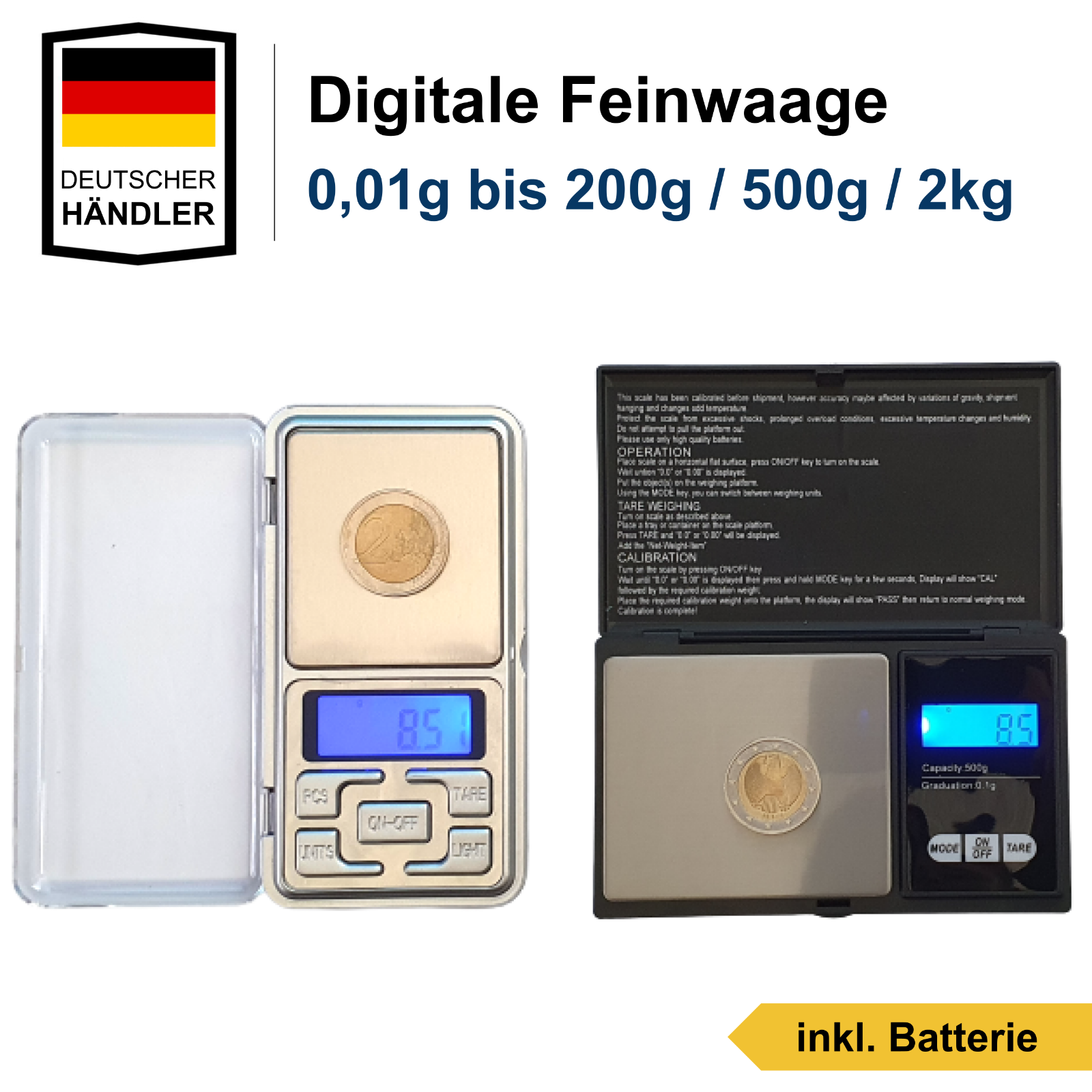 Digitale Präzisionswaage Feinwaage 0.01g-2kg Taschenwaage Goldwaage Fein Waage 