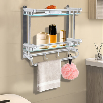 Bathroom Shelf Tempered Glass Floating Shelves Wall Mounted Storage + Towel Bar