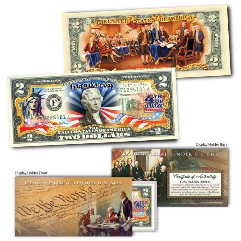 JULY 4th Independence Day Genuine Legal Tender US $2 Bill 2-SIDED w/COA & HOLDER