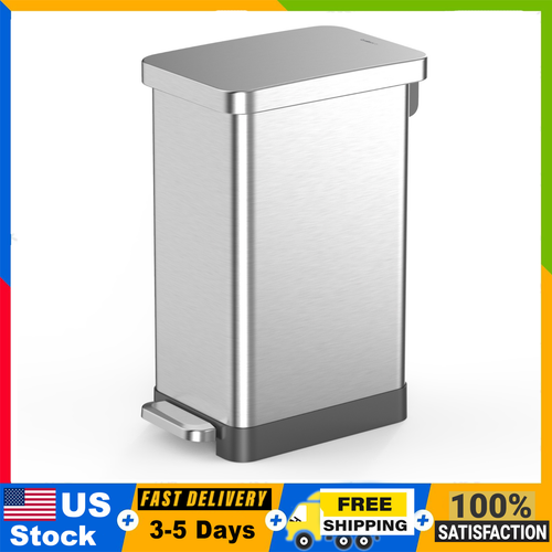 13.2 Gallon, Stainless Steel Step On Slim Kitchen Trash Can, Silver