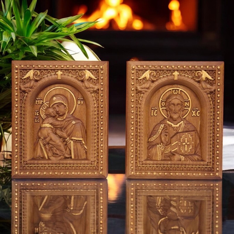 Christ and Mother of God Set Two Wood Carved Handmade Byzantine Christian Icons