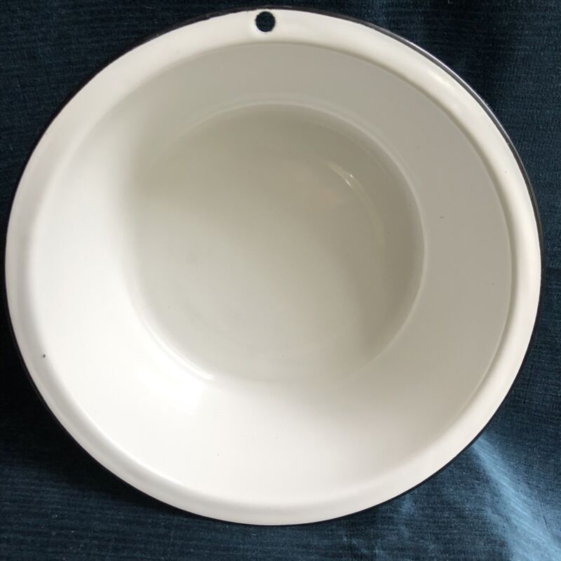 Vintage  Enamelware Wash Basin . White With Black Trim   Very Good Condition