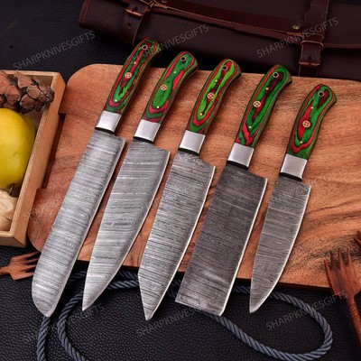 Damscus Steel Fixed Blade Kitchen Chef Knife Set  Handmade Set With Wood Handle