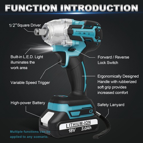 650Nm Cordless Electric Impact Wrench 1/2'' Gun High Power Driver Li-ion Battery