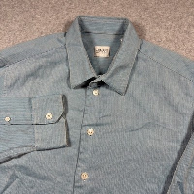 Armani Collezioni Button Up Shirt Mens Large Blue Herringbone Long Sleeve