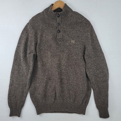 Chaps Mens Brown Marled Cotton Mock Neck 3-Button Sweater Elbow Patches Medium