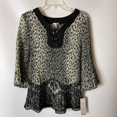 NICOLA WOMAN BRAND BLOUSE-ACCORDION PLEATED-SIZE L-BLACK, TAN ANIMAL PRINT NWT