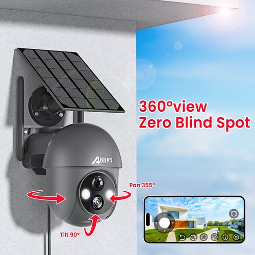 ANRAN Wireless Security Camera Outdoor Solar/Battery Home WiFi PIR 360°PTZ 2K HD