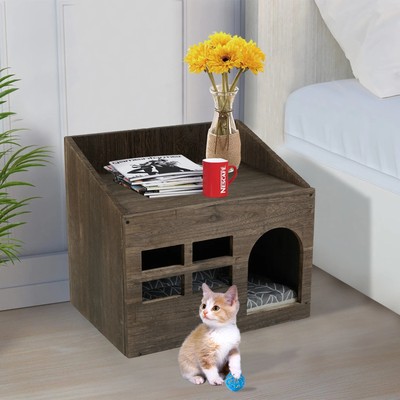 Durable Wooden Cat Cave Bed Furniture Kitten Sleep Lounge House Bed with Cushion