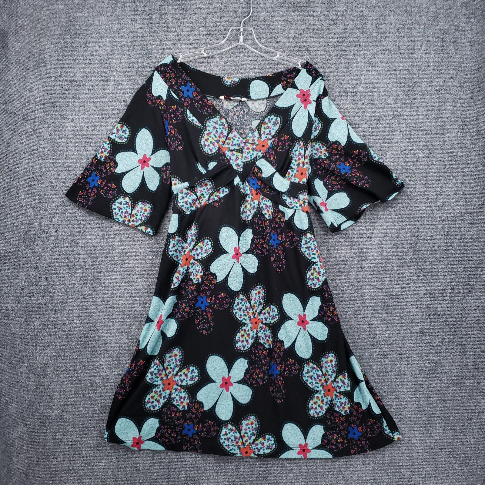 VINTAGE No Boundaries Dress Womens S Small Black Floral Mini V Neck Y2K