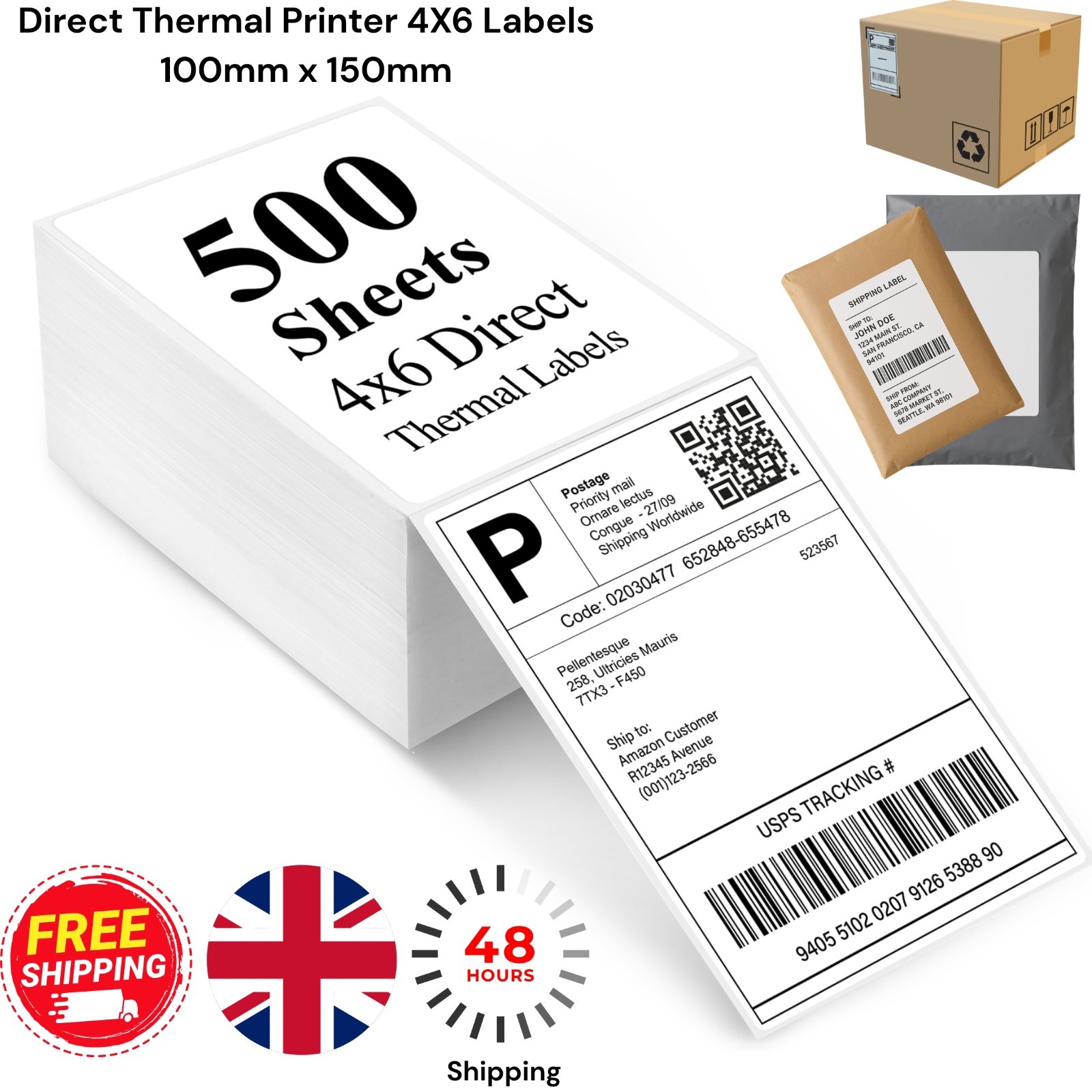 4x6 100x150mm fanfold Direct Thermal Labels 500 per Zebra Toshiba Citizen 6x4