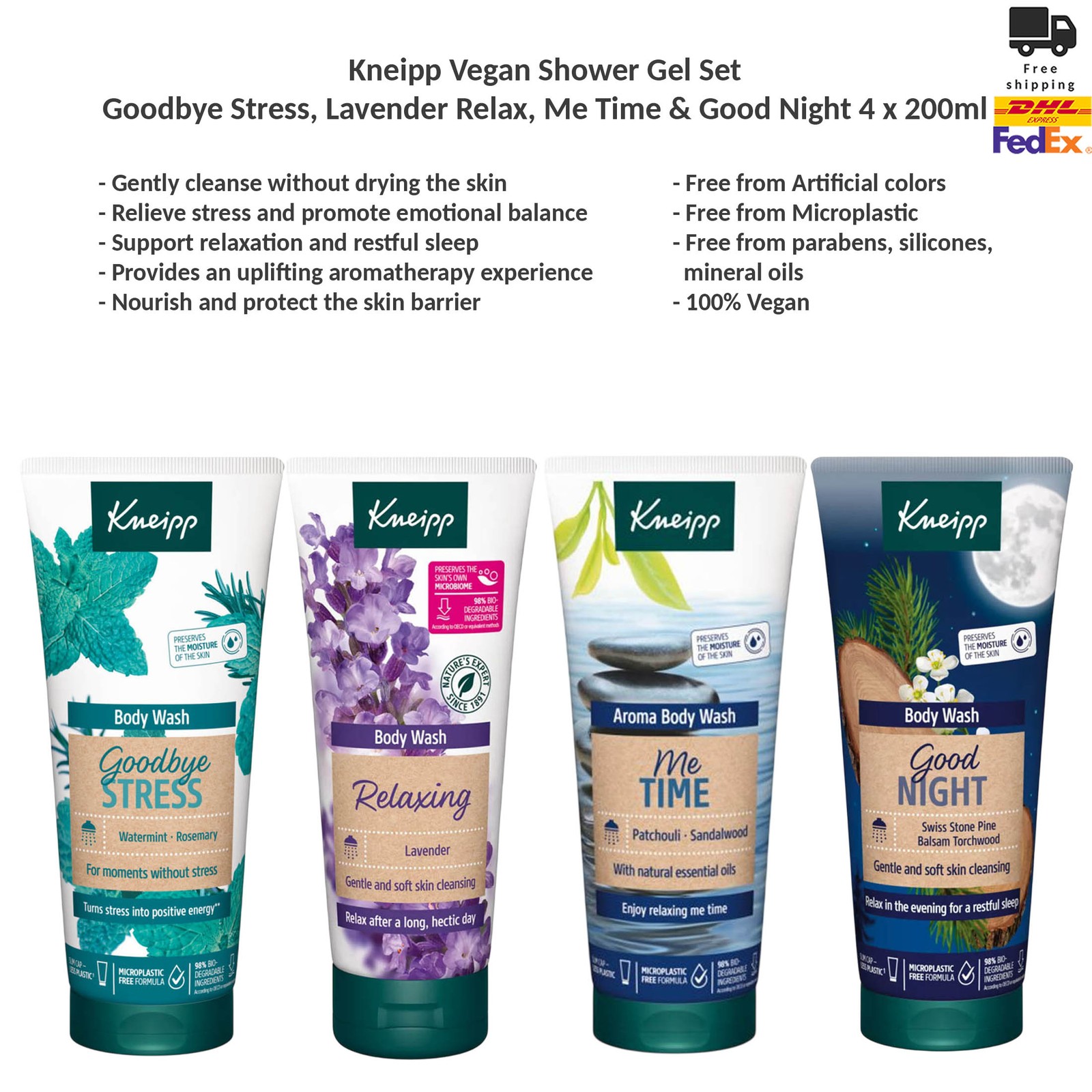 Kneipp Vegan Shower Gel Set Goodbye Stress, Relax, Me Time & Good Night 4x200ml