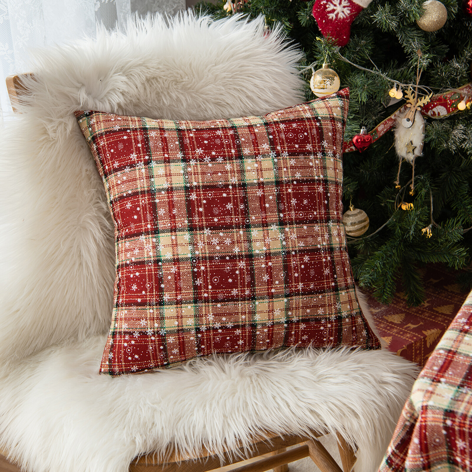 Rectangle Christmas Snowflake Plaid Tablecloth Dining Table Cloth Pillow Cases
