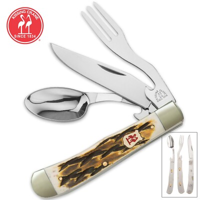 Kissing Crane Burnt Bone Hobo Pocket Knife Camp Dining Set Tool Spoon Fork NEW