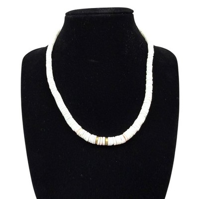 White Heishi Shell Glass Beaded Necklace Gold Coral Accent Beach Boho 16.5 in L