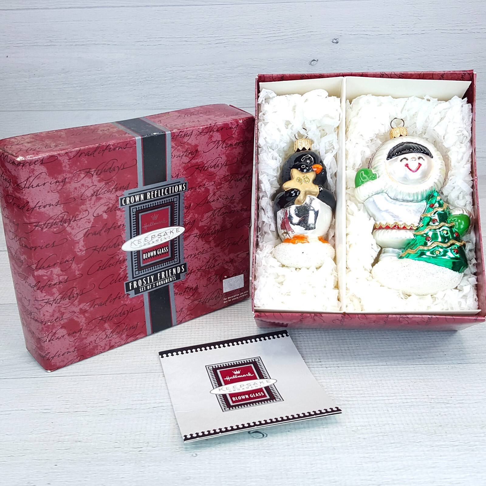 Vintage Hallmark  Frosty Friends 1998 Glass Blown Ornament Set Eskimo & Penguin