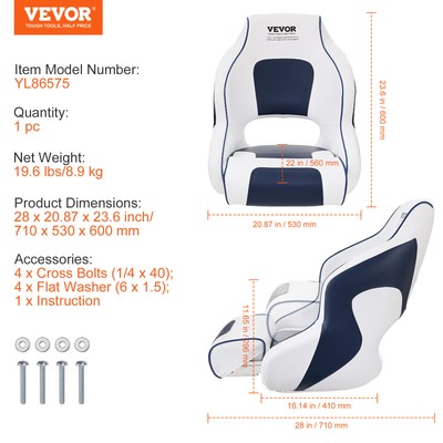 VEVOR Boat Seat Flip-up Seat Bolster Captain Bucket Seat Fishing Pontoon 1 pc