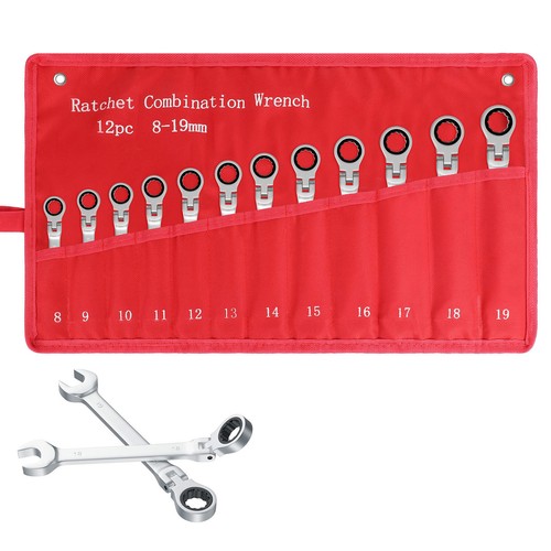 12Pc 8-19mm Metric Flexible Head Ratcheting Wrench Combination Spanner Tool Set