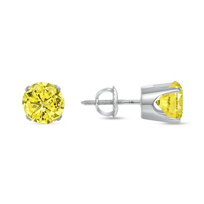 Pre-owned Shine Brite With A Diamond 2 Ct Round Cut Canary Earrings Crown Set Studs Solid 14k White Gold Screw Back