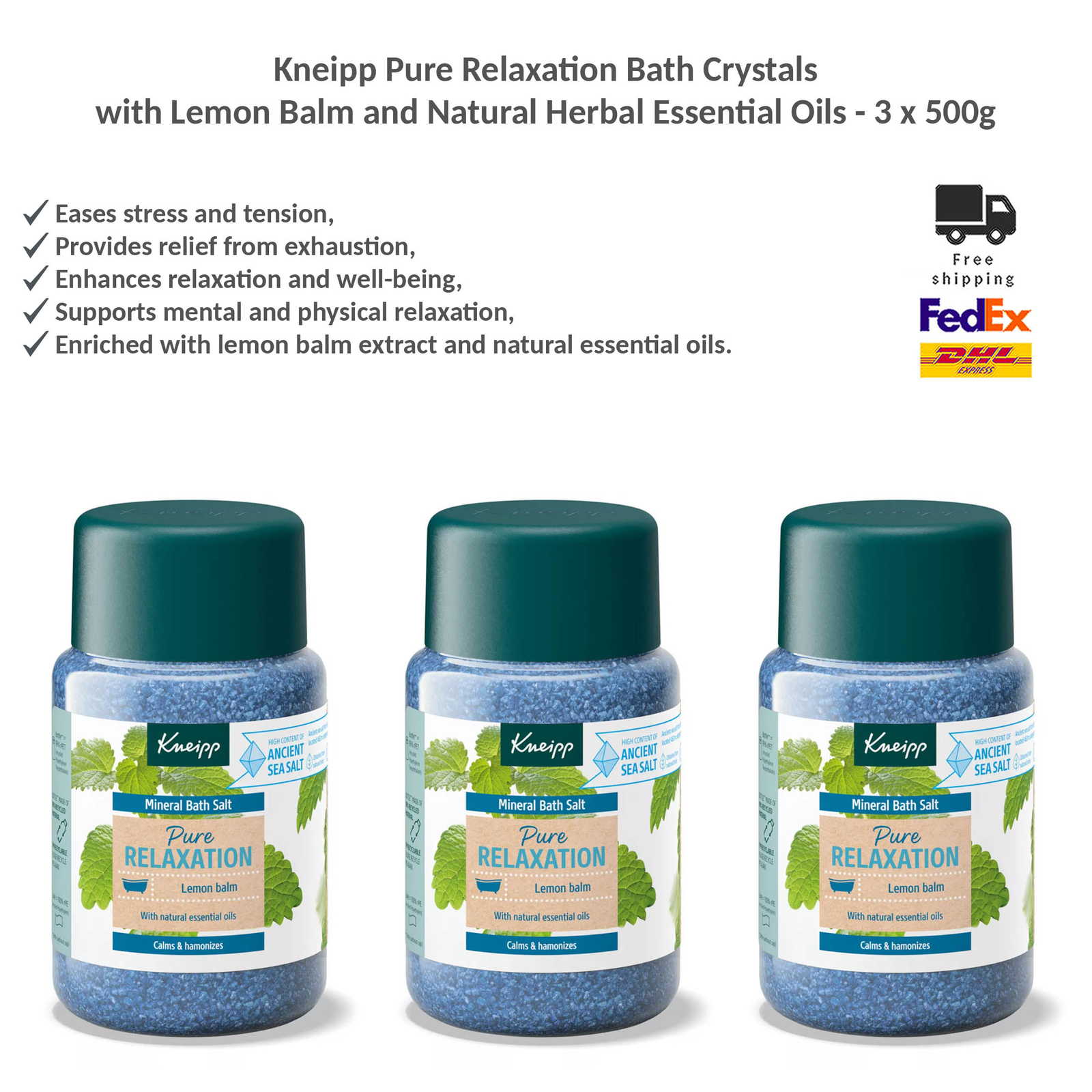 Kneipp Pure Relaxation Herbal Bath Salts with Lemon Balm & Essential Oils 3x500g
