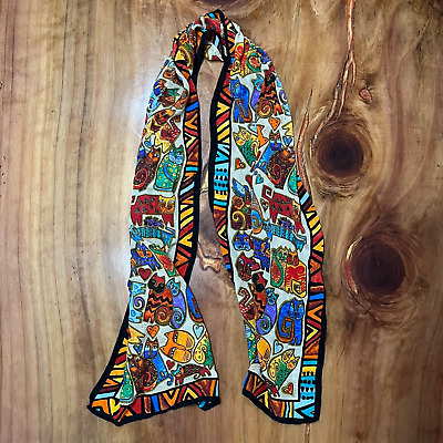 Vintage Laurel Burch 100% Silk Multi Colored  Scarf Rectangle Cards Art to wear