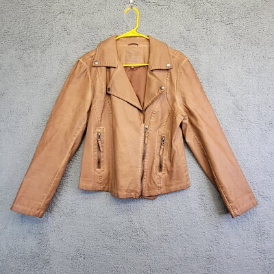 Max Studio Women s Faux Leather Jacket Size Large Brown Full Zip Moto Crop