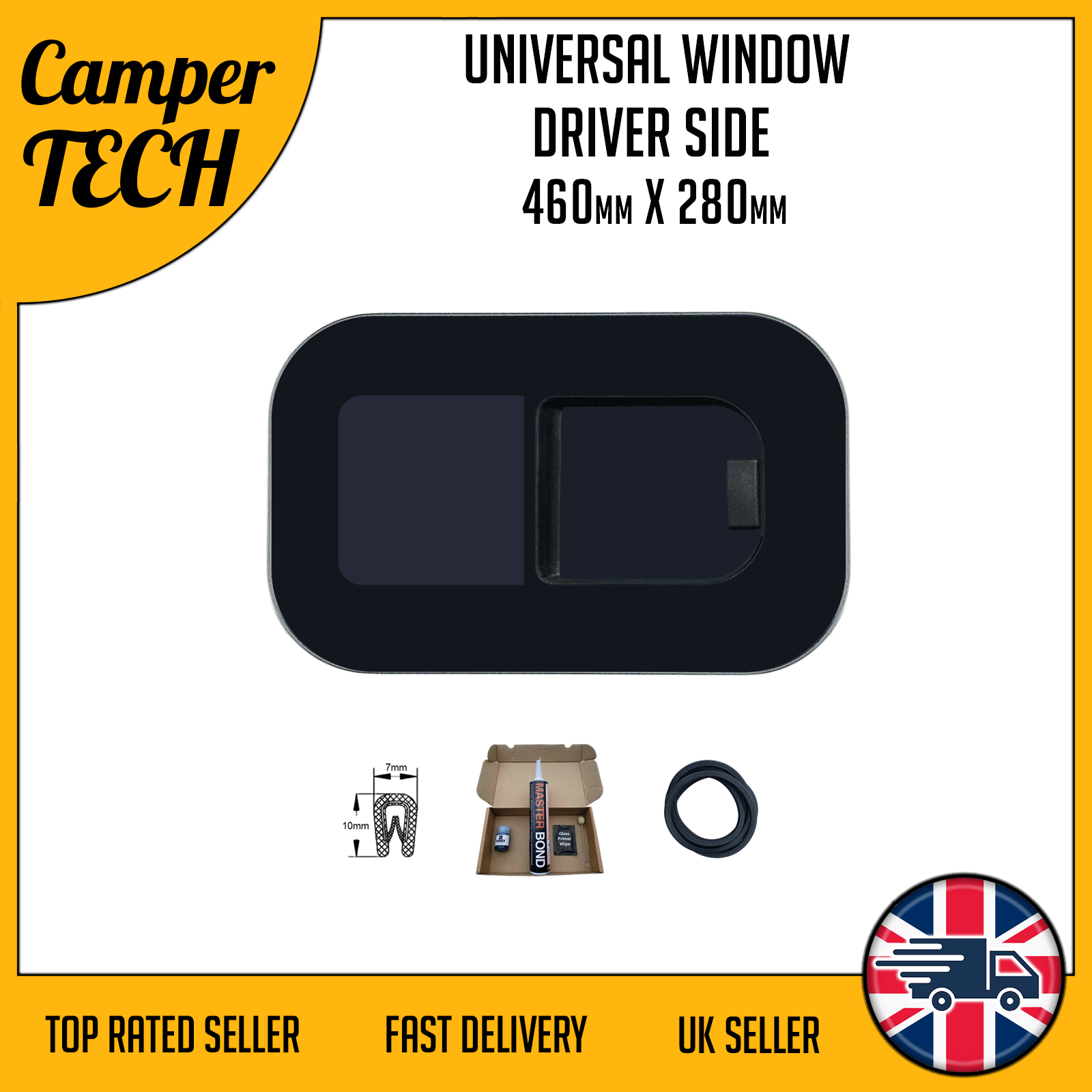 Universal Driver side Sliding window 460mm X 280mm with Bonding Kit + U-Trim
