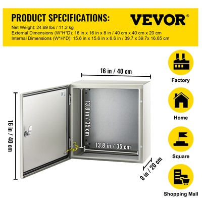 VEVOR 16x16x8'' Carbon Steel Electrical Enclosure IP65 Wall Mount Junction Box