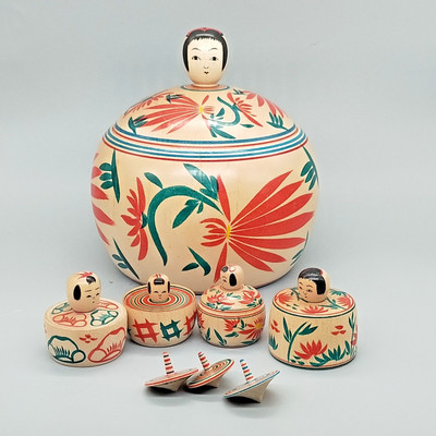 Japanese wooden doll ejiko ireko  kokeshi four small babies  tops Miharu Fumio