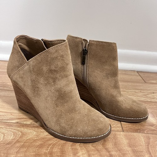 Lucky Brand Yakeena Ankle Boots 6.5 M Tan Brown Wooden Wedge Side Zip Leather eBay
